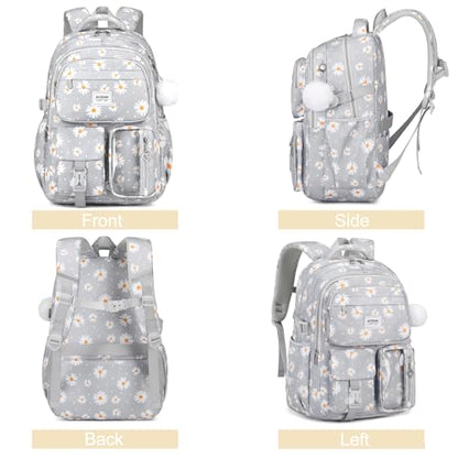 ACESAK Backpack for Girls - Girls Backpack with Lunch Bag & Pencil Pouch for Teen Kids Laptop Backpack for Women, Elementary Middle High School Bookbag Travel Daypack (Gray Daisy) - color: Gray Daisy