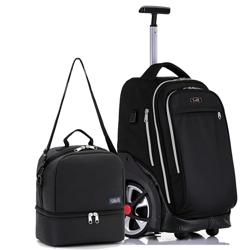 NEW TILAMI 19 Inch Rolling Backpack with Lunch Bag for Girls Boys Wheeled Laptop Backpack Durable Carry-on Bag School Travel, Pure Black - color: Pure Black
