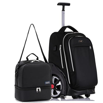 NEW TILAMI 19 Inch Rolling Backpack with Lunch Bag for Girls Boys Wheeled Laptop Backpack Durable Carry-on Bag School Travel, Pure Black - color: Pure Black