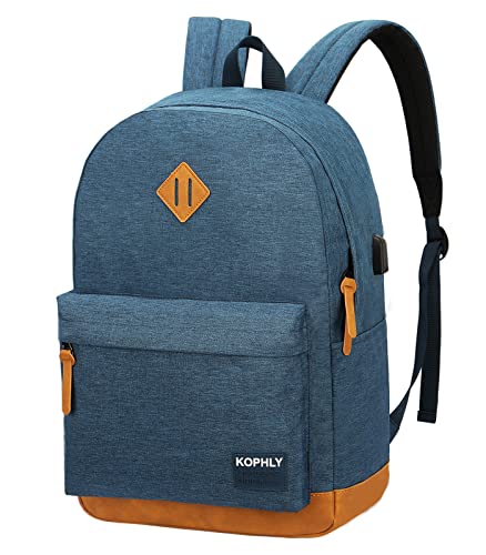 Laptop Backpack with Leather Decoration, USB Charging Port, Classic Backpack for College, Work, Travel(18 Inches/Navy) - color: Blue, size: 18 Inch