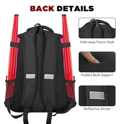 Goloni | Baseball Backpack,Baseball Bag for Adult,Softball Bat Bag with Shoes Compartment,Large Main Compartment for Helmet & accessories, Fence Hook - color: Rose