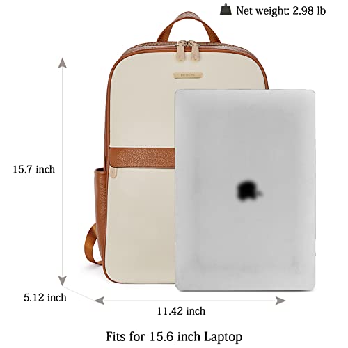BOSTANTEN Genuine Leather 15.6 inch Laptop Backpack Purse for Women College Casual Backpack Travel Bag - color: 1-d-beige With Brown