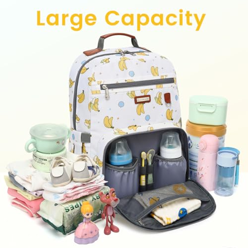 Diaper Bag Backpack, Large Baby Nappy Bags with Portable Changing Pad for Boys and GirlsMultifunction Travel Baby Bag for Moms Dads, Shower Gifts Waterproof and Stylish - color: Banana Party Beige