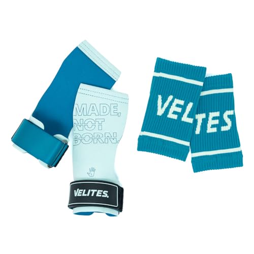 Velites - Official Games Quad Pro Grips - with Chalk - Wristbands Included - Pull-ups, Muscle-ups, and Toes-to-bar - color: LIGHT BLUE, size: X-Large