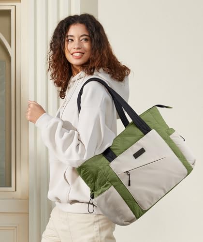 LOVEVOOK Tote Bag for Women, puffer tote bag for Work Travel Nurse, Lightweight quilted Bags with Compartments - color: M-15.6 Inch-green-beige-black