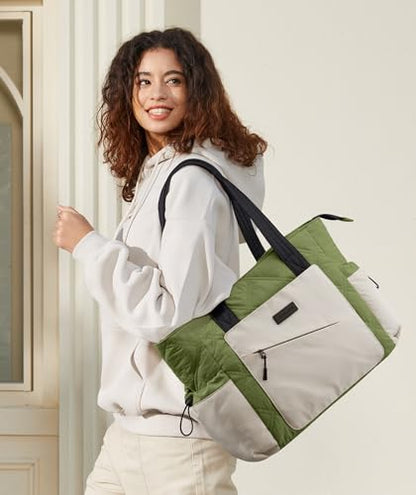 LOVEVOOK Tote Bag for Women, puffer tote bag for Work Travel Nurse, Lightweight quilted Bags with Compartments - color: M-15.6 Inch-green-beige-black