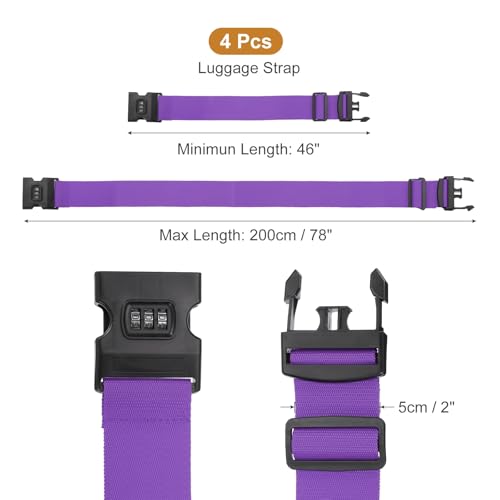MECCANIXITY Luggage Straps with Combination Lock Adjustable Suitcase Belt Strap for Suitcase Briefcase Backpack Travel, Purple, Pack of 4 - color: Purple