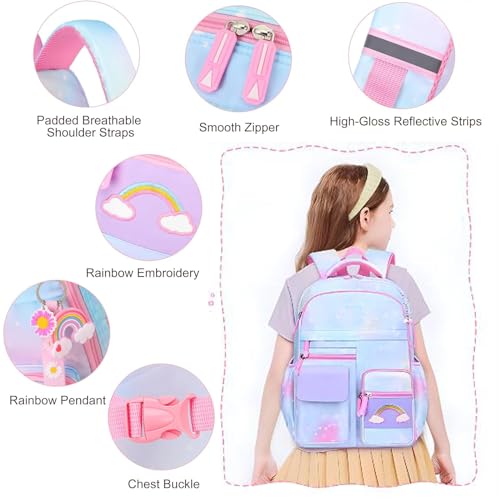 School Backpack for Girls Rainbow Kids Cute Backpack for Back to School Laptop Travel Bag With pencil Case (Blue Set) - color: Blue Set