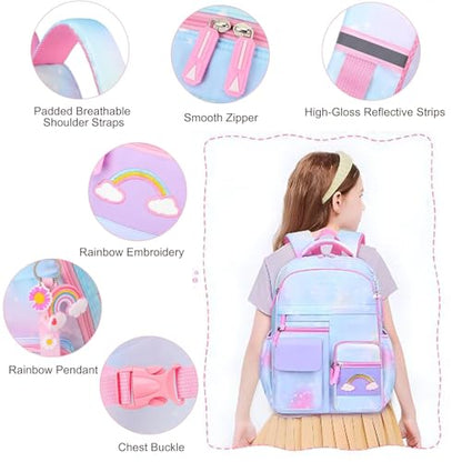 School Backpack for Girls Rainbow Kids Cute Backpack for Back to School Laptop Travel Bag With pencil Case (Blue Set) - color: Blue Set