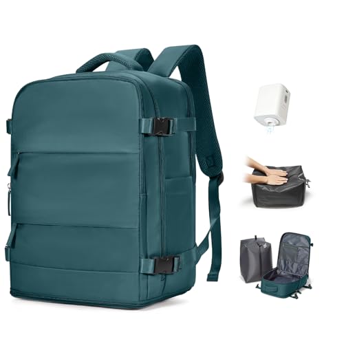 Travel Backpack for Women Men, Flight Approved Carry On Backpack with Compression Vacuum Storage Bags, 18x14x8 inches Personal Item Travel Bag with Pump Peacock Blue - color: Peacock Blue
