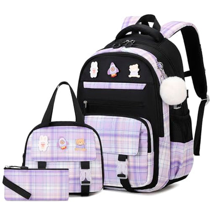 FIXITOK 3PCS School Backpack for Girls, Girls Backpack with Lunch Box, Pencil Case, Cute Kawaii Plaid Book Bag for Teen Girl Kindergarten Elementary Preschool Middle High School, Black Purple - color: Black Purple