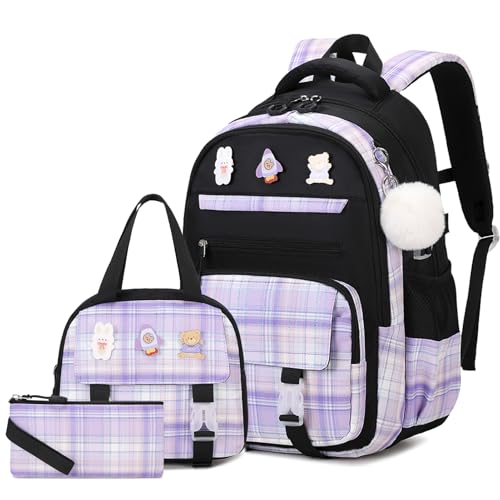 FIXITOK 3PCS School Backpack for Girls, Girls Backpack with Lunch Box, Pencil Case, Cute Kawaii Plaid Book Bag for Teen Girl Kindergarten Elementary Preschool Middle High School, Black Purple - color: Black Purple
