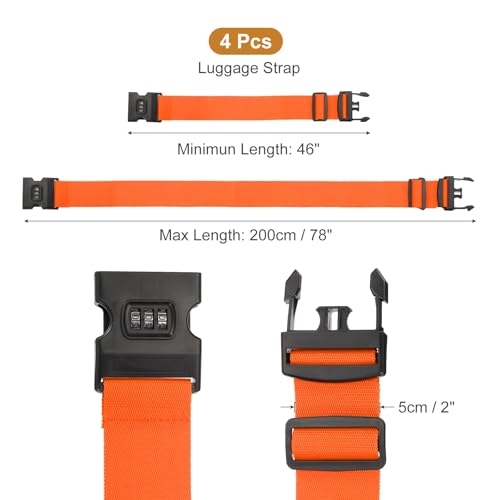 MECCANIXITY Luggage Straps with Combination Lock Adjustable Suitcase Belt Strap for Suitcase Briefcase Backpack Travel, Orange-Red, Pack of 4 - color: Orange-Red