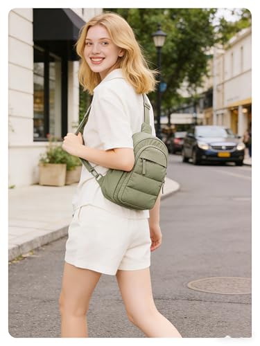 BAGSMART Small Sling Bag for Women, Puffer Crossbody Bag Purses Hobo Handbag Fanny Packs for Travel Hiking - color: Olive