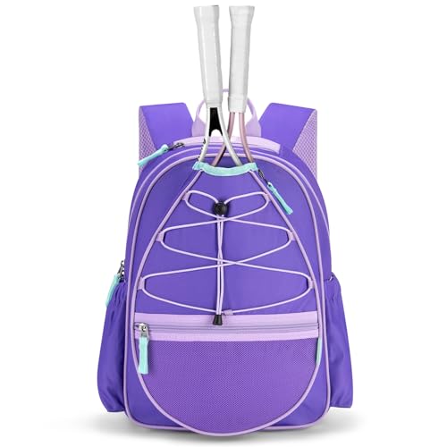Choco Mocha Kids Tennis Bag, 16 Inch Youth & Junior Tennis Backpack with Shoe Compartment, Holds 2 Rackets (21–23 Inch) - color: Solid Purple