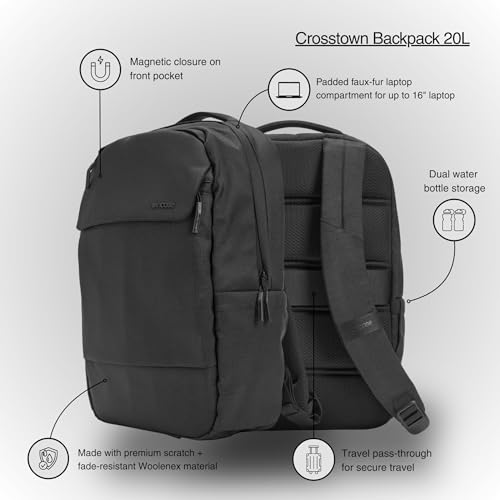 Incase Crosstown Backpack – 20L Everyday Laptop Backpack for Work, Travel – 16" Faux Fur MacBook Sleeve, External Front Pocket, Water Bottle Pockets, Travel Pass Through - Black - color: Black