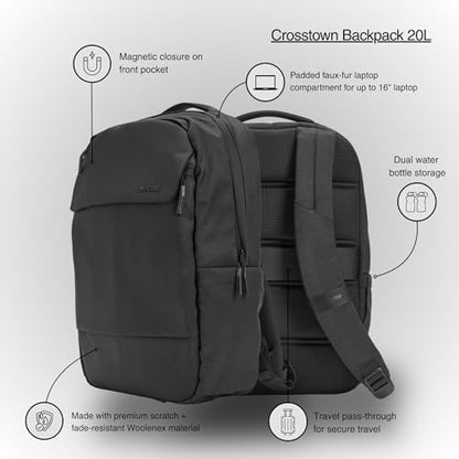 Incase Crosstown Backpack – 20L Everyday Laptop Backpack for Work, Travel – 16" Faux Fur MacBook Sleeve, External Front Pocket, Water Bottle Pockets, Travel Pass Through - Black - color: Black