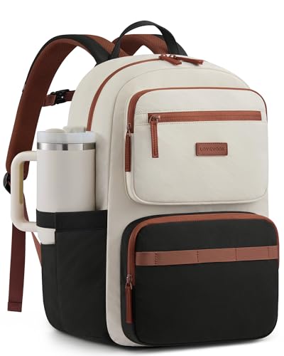 LOVEVOOK Laptop Backpack for Women, School Backpack for Teen Girls with Large Cup Holder, Lightweight Bookbag for College,Work,Travel fits 15.6 Inch Laptop,Beige-Black-Brown - color: Black-white-brown-a, size: 15.6 Inch