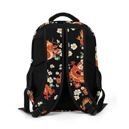 Casual Lightweight Laptop Backpack Red Chinese Japanese Dragon Flower Black, Cute Travel Daypack with Tumbler Holder for College Nurse Teacher Work Commute - color: Pattern (356)