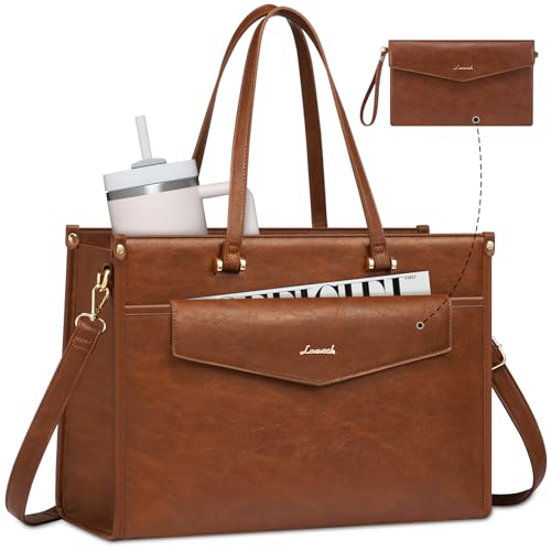 LOVEVOOK Laptop Bag for Women, 15.6'' Laptop Tote Purse 2-in-1 Professional Work Bag Business Briefcase with Clutch Purse, Waterproof Vintage Leather Computer Handbag for Teacher Office Travel - color: Brown, size: 15.6 inch