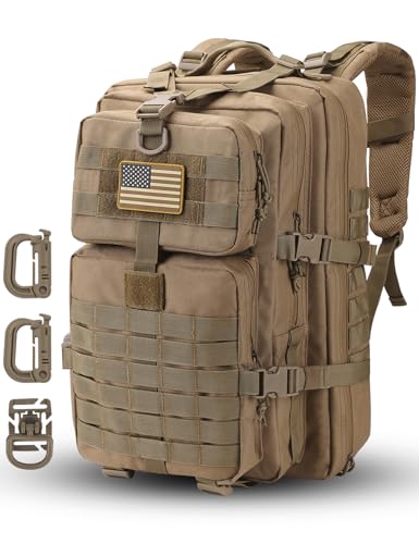 Hannibal Tactical MOLLE Assault Pack, Tactical Backpack Military Army Camping Rucksack, 3-Day Pack Trip w/USA Flag Patch, D-Rings, Coyote - color: Coyote