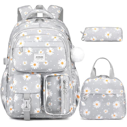 ACESAK Backpack for Girls - Girls Backpack with Lunch Bag & Pencil Pouch for Teen Kids Laptop Backpack for Women, Elementary Middle High School Bookbag Travel Daypack (Gray Daisy) - color: Gray Daisy