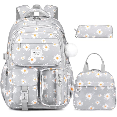 ACESAK Backpack for Girls - Girls Backpack with Lunch Bag & Pencil Pouch for Teen Kids Laptop Backpack for Women, Elementary Middle High School Bookbag Travel Daypack (Gray Daisy) - color: Gray Daisy