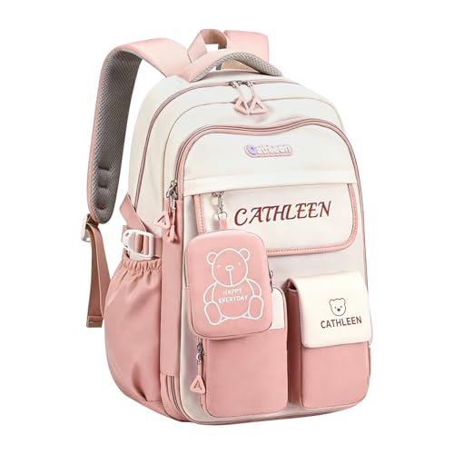 Kids Backpack for Girls,Preppy Bookbag for Elementary & Middle School Students,Cute School Bag with Large Capacity,18 Inch,Pink - color: Pink White
