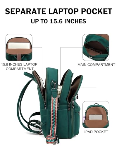FADEON 15.6 inch Laptop Backpack Purse for Women Designer PU Leather Computer Backpacks Fashion for Work Travel Green - color: Dark Green Nubuck Style