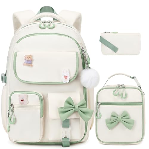 ACESAK Girls Backpack - 3PCS Backpack for Girls Cute School Backpacks for Girl Kindergarten Elementary Preschool Middle Kids School Bags with Lunch Box Pencil Case Set (Beige Green) - color: Beige Green