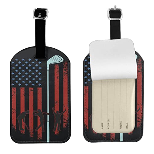 Golf Leather Luggage Tags for Travel Baggage Bag Name Id Labels with Privacy Cover for Suitcase 2 Pack - color: Golf