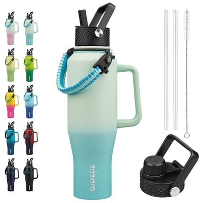 BJPKPK Insulated Water Bottles with Straw Lid, 40oz Metal Water Bottle with 2 lids & Paracord Strap, Double Wall Stainless Steel Tumbler with Handle, Reusable Cups, Mugs, Thermo, Mint - color: Mint, style: 40oz-Side Handle