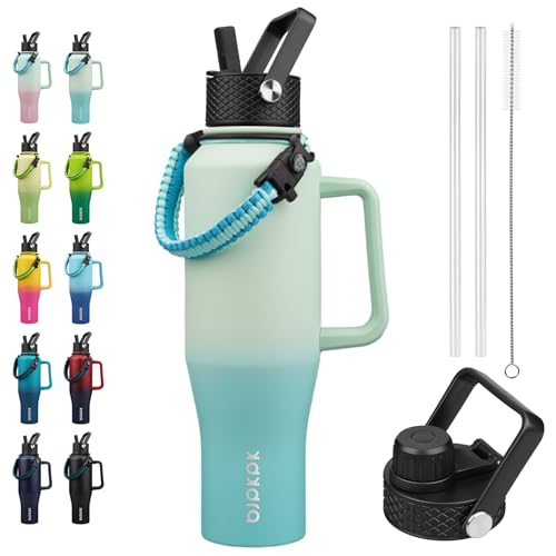 BJPKPK Insulated Water Bottles with Straw Lid, 40oz Metal Water Bottle with 2 lids & Paracord Strap, Double Wall Stainless Steel Tumbler with Handle, Reusable Cups, Mugs, Thermo, Mint - color: Mint, style: 40oz-Side Handle