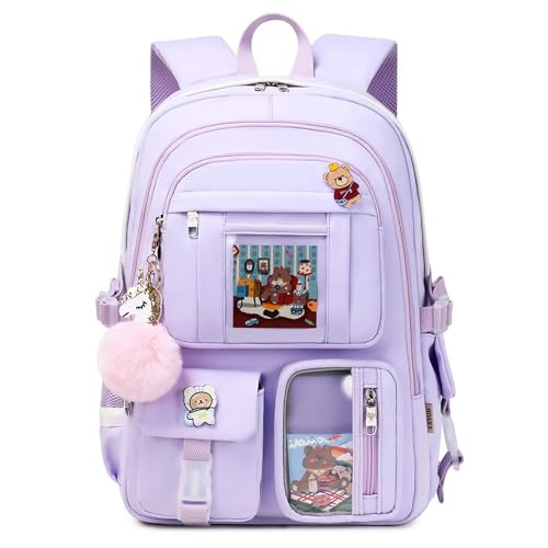 LXYGD Backpack for Girls with Accessories Laptop Bookbags 16 Inch Kawaii Kids Elementary Middle High School Bag College Travel Daypack Gifts for Teens Women Students (Purple) - color: Purple