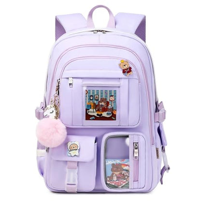 LXYGD Backpack for Girls with Accessories Laptop Bookbags 16 Inch Kawaii Kids Elementary Middle High School Bag College Travel Daypack Gifts for Teens Women Students (Purple) - color: Purple