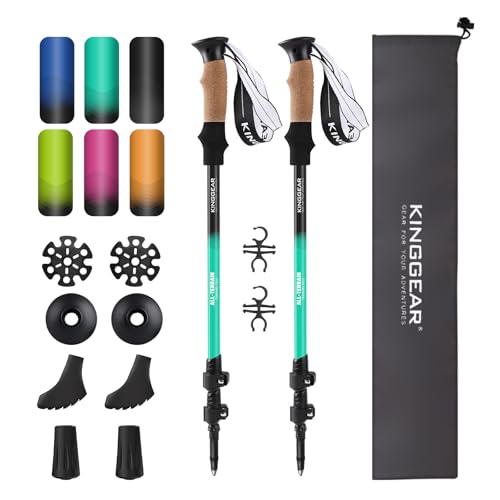 KINGGEAR Nordic Walking Stick, TP1 Hiking Poles Retractable Lightweight 7075 Aluminum, Trekking Poles with Flip Lock, Natural Cork and EVA Grip, 2pc Hiking Gear - color: Teal