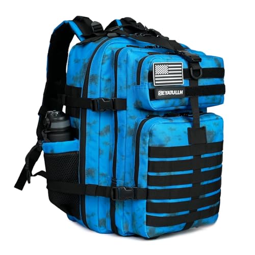 45L Military Tactical Backpack for Men & Women Bug Out Bag Assault pack Molle Daypack Hiking Trekking Rucksack (2.0 side pockets （blue tie dye）) - color: 2.0 Side Pockets （blue Tie Dye）