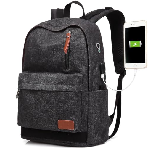 Canvas Laptop Backpack, Waterproof School Backpack With USB Charging College - color: Black
