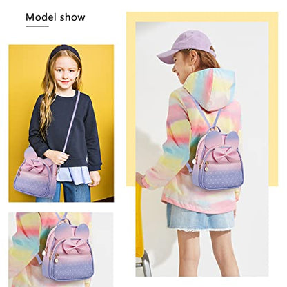 KL928 Girls Mini Backpack Bowknot Polka Dot Cute Small Daypacks Convertible Shoulder Bag Purse for Women - color: Pink#light Purple