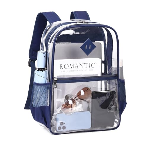 MUSEVOS Clear Backpack, Heavy Duty See Through Book Bag for Work, Security, Concerts, College Transparent PVC bookback Stadium Approved, Navy Blue - color: Navy Blue