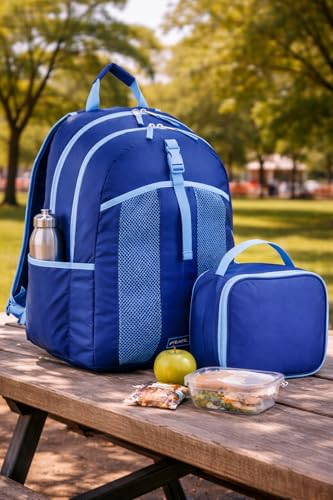 FUEL Lunch Backpack Set Student Water Resistant Bookbag Bag Soft Reusable Insulated Cooler Lunch Box Thermal Travel Office Lunch Bag, Lazuli Blue - color: Lazuli Blue