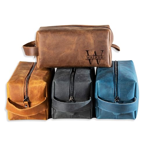 Personalized Handcrafted Leather Toiletry Bag for Men, Custom Shaving, Travel Dopp Kit, Grandpa, Dad, Husband, Father, Him, Boyfriend, Groomsmen, Birthday, Wedding, Graduation, Retirement Gifts - color: Personalized Gifts