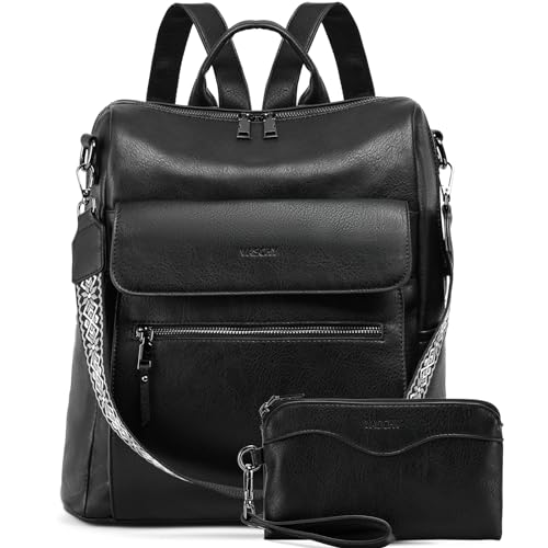 VASCHY Backpack Purse for Women, Large Vegan Leather Backpack Purse with Wallet Pouch Set Convertible Handbag for Ladies Guitar Strap Black - color: Black