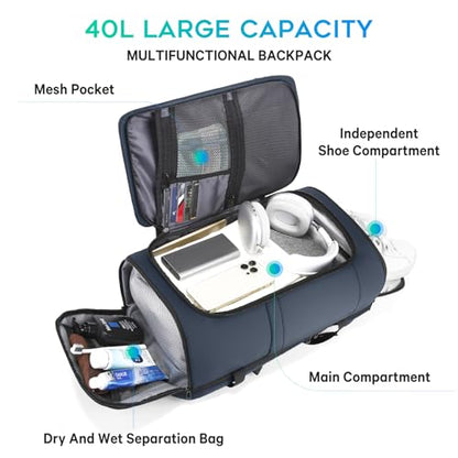BANGE Travel Backpack with Shoe Compartment, 40L Large Capacity Back Pack, Men's Weekender Daypack Fits 17.3 Inch Laptop, Carry On Travel Backpack with Water Bottle Holder for Men and Women - color: Blue