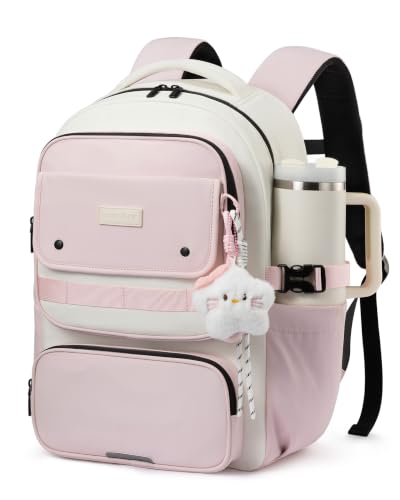 LOVEVOOK School Backpack for Teen Girl, Cute Bookbag with Large Bottle Holder, Lightweight Elementary Middle High School Student Backpack Fits 15.6 Inch Laptop, Back to Schools Kid Gift, Pink-Cream - color: Light Pink - Cream, size: 15.6 Inch