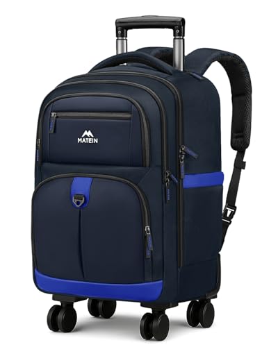 MATEIN Rolling Backpack 4 Wheels, 17 Inch Lightweight Rolling Backpack with Shoulder Straps, Water Resistant Roller Laptop Bag Carryon Luggage, Wheeled Travel Daypack for Business Men Adults