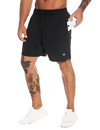 Men's 2 in 1 Workout Running Shorts 7" Quick Dry Athletic Shorts with Liner Gym Training Short for Men with Towel Loop - color: Black, size: Small