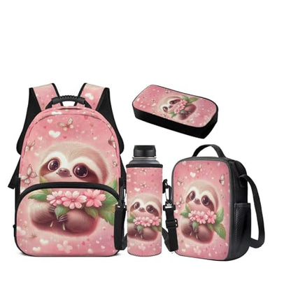 JEOCODY Cute Sloth Backpack for Girls Cherry Blossom Kids School Bag with Lunch Bag Pencil Case Water Bottle Holder,Childrens Backpack for Boys Casual Daypack for Travel Hiking Picnic - color: Cherry Blossom Sloth Printed