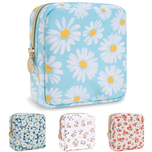 Nylon Mini Floral Makeup Bag for Purse, Small Cute Travel Makeup Bag Preppy Flower Cosmetic Zipper Pouch, Waterproof Coin Pouch Sanitary Napkin Storage Bag Make Up Organizer Set for Women(Blue-Daisy) - color: Blue-Daisy, size: Mini