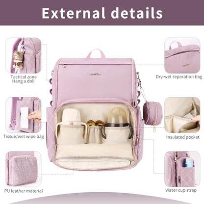 Stylish Baby Diaper Bag, Baby Bag with Changing Pad, Pacifier Case& Stroller Straps, Large Diaper Backpack Boy Girl, Water Resistant Travel Diaper Backpack（Lavender） - color: Lavender